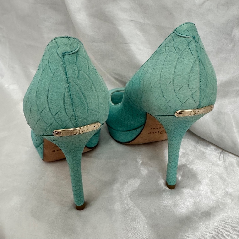 Dior Turquoise Python Embossed Leather Peep-Toe Pumps - Picture 7 of 12